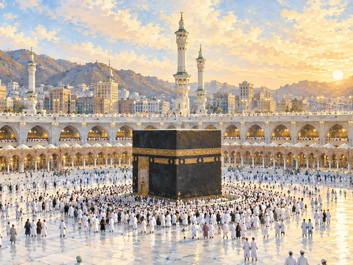 A painting of Masjid al-Haram in Makkah at golden hour.